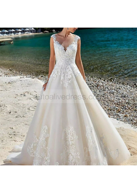 Ivory Lace Tulle Illusion Back Wedding Dress